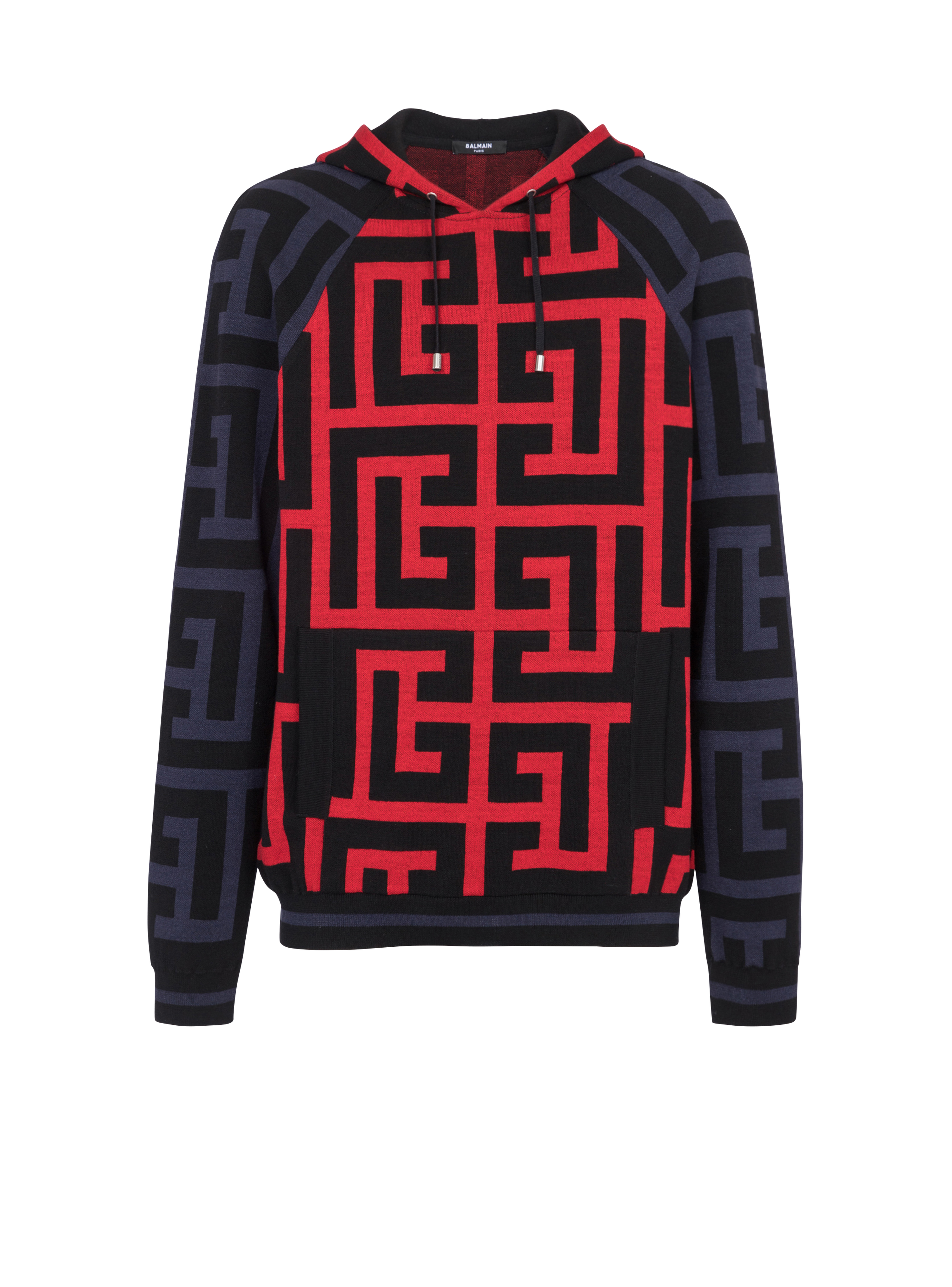 Hooded wool sweatshirt with maxi Balmain monogram print, red
