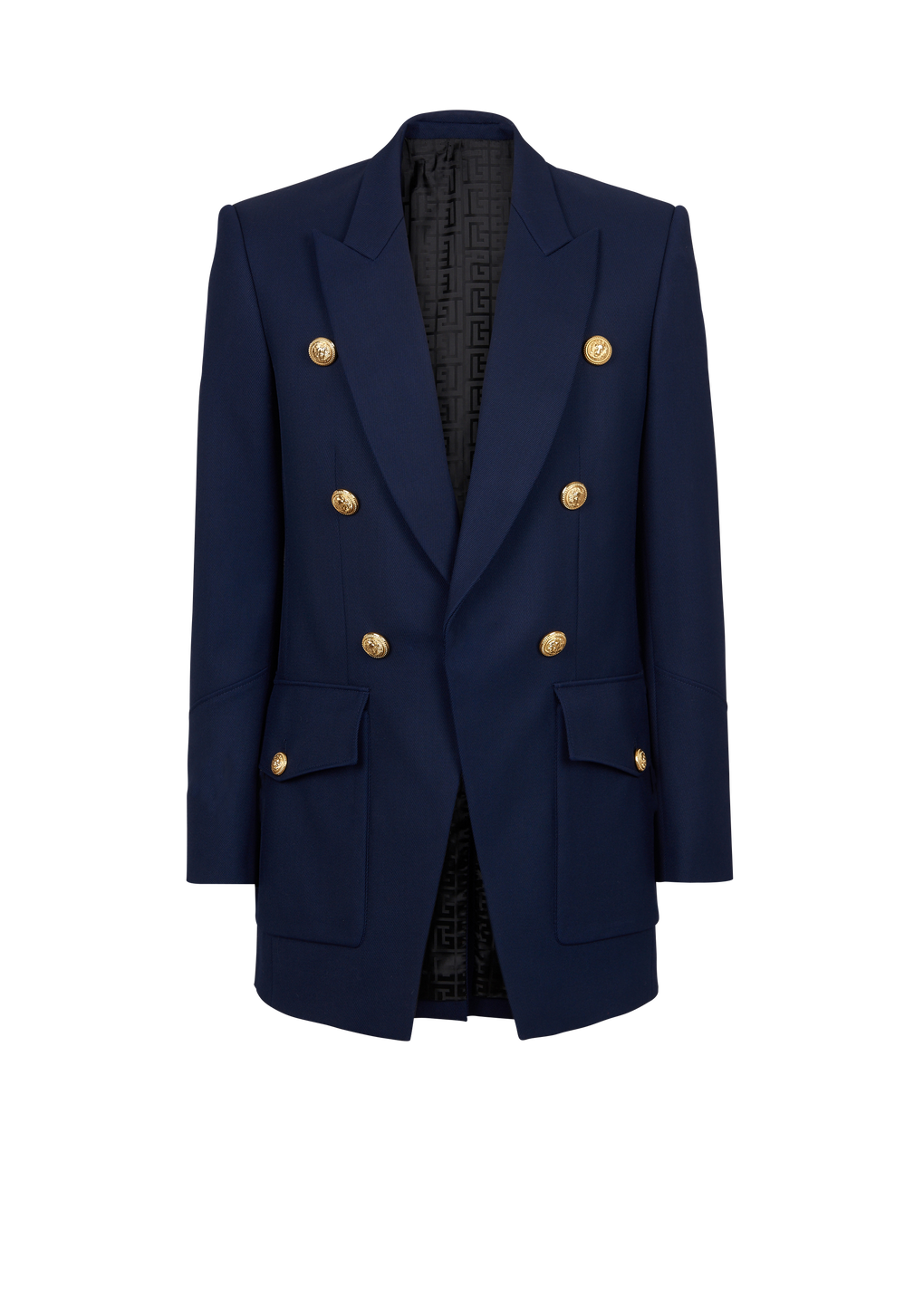 Six-button twill blazer with monogram lining, navy, hi-res